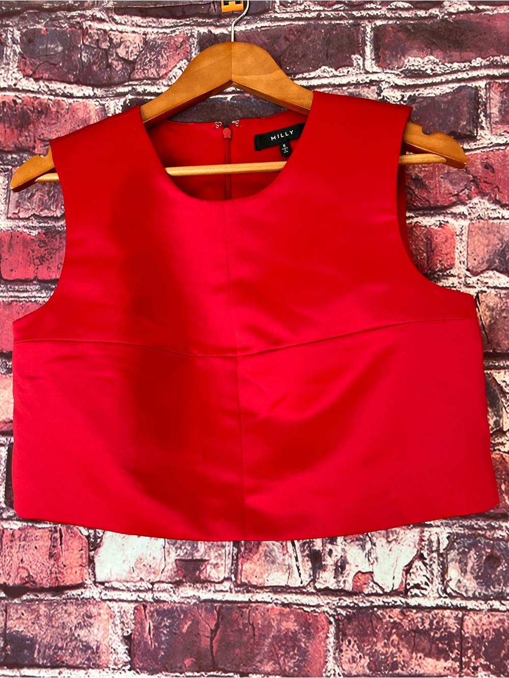 MILLY Red Structured Satin Crop Top